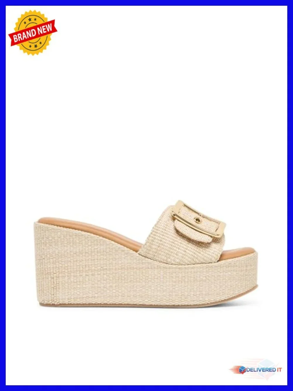 Linen Wedge Sandals with Buckle Closure, Open Toe, Single Strap